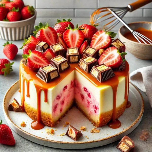A luxurious and rich Snickers Strawberry Cheesecake with a creamy filling, topped with fresh strawberries and chopped Snickers pieces, featuring a buttery crust and caramel drizzle.