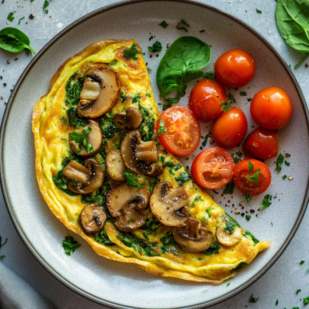 Veggie omelette recipe with fresh spinach, tomatoes, and mushrooms cooking in a pan.