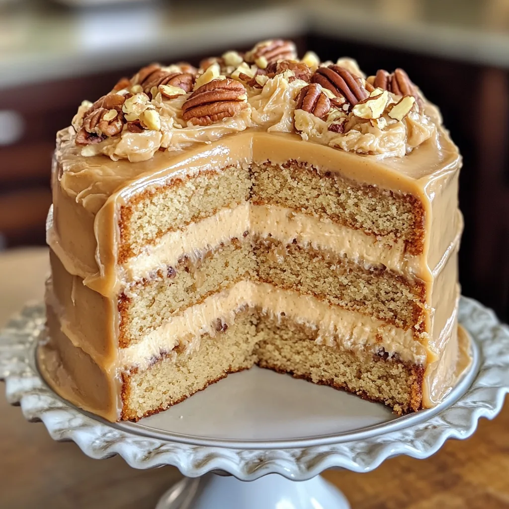 Banana Pecan Caramel Layer Cake with rich caramel frosting and crunchy pecans