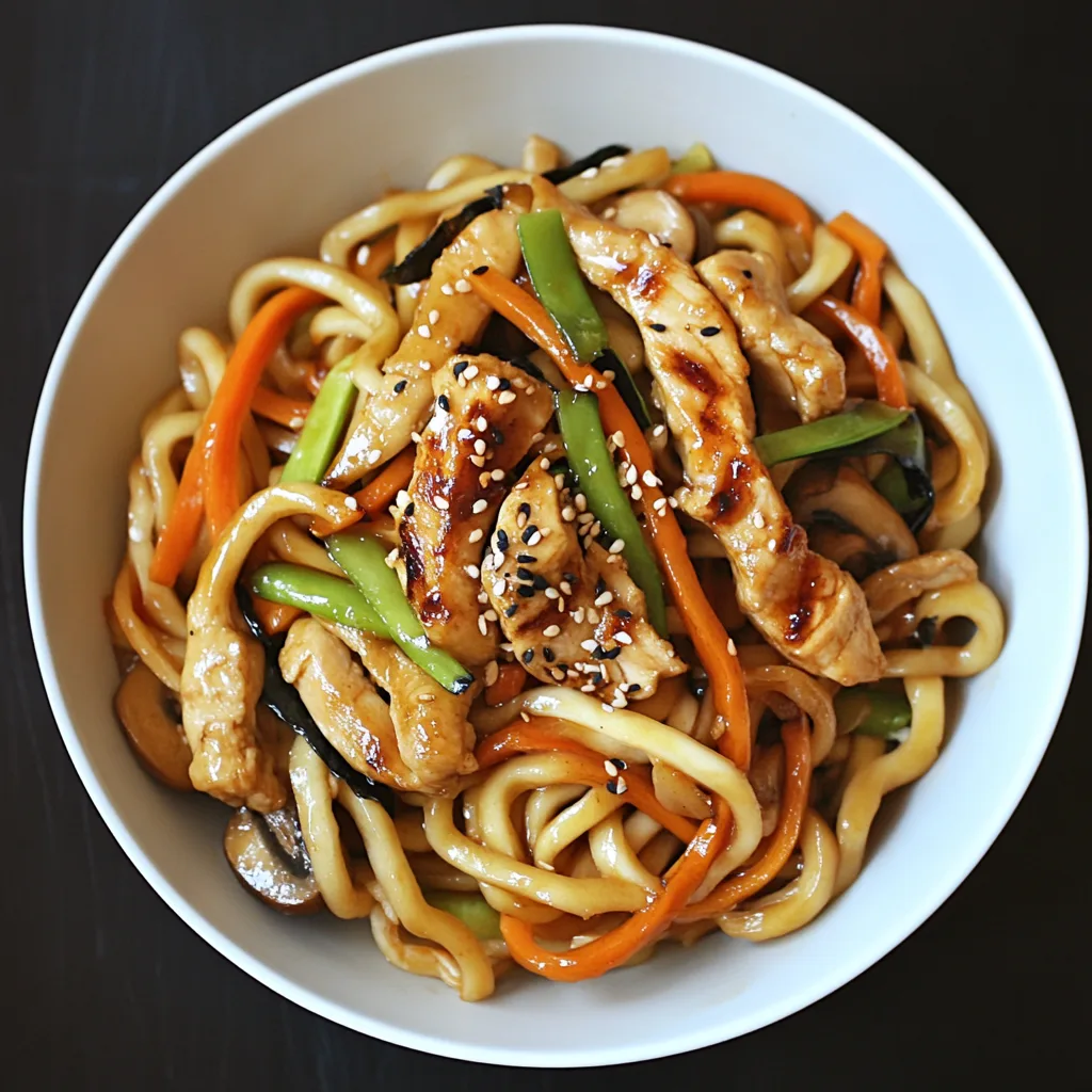Thick udon noodles stir-fried with chicken and vegetables in Chicken Yaki Udon recipe